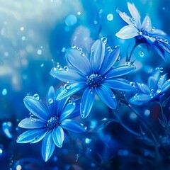 Wall Mural - A bunch of blue flowers with water droplets on them