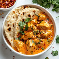 Wall Mural - Butter chicken served in a white bowl with naan, garnished with fresh cilantro and chili flakes, shot on a bright tabletop. ae