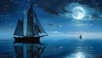 Wall Mural - Enchanted moonlit ocean with a sailing ship reflecting on tranquil waters, capturing a serene and mystical night atmosphere.