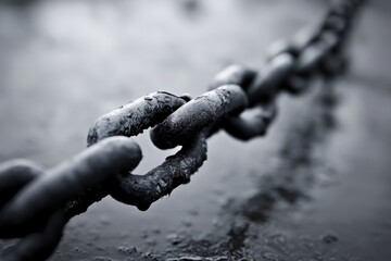 A moody black and white image of a weathered chain, emphasizing texture and contrast while conveying themes of connection and endurance