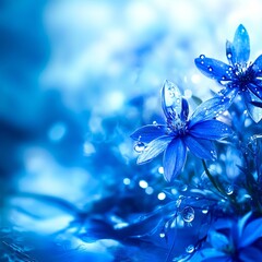 Wall Mural - A bunch of blue flowers with water droplets on them