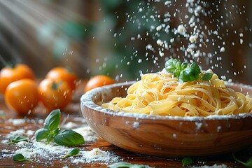 Fresh Homemade Pasta with Basil Garnish and Tomato Ingredients - Perfect for Cooking Blogs and Recipe Designs