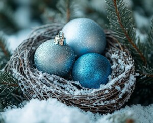 Sticker - Three blue and silver Christmas ornaments nestled in a bird's nest, surrounded by snow and pine branches.