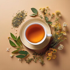 Wall Mural - A cup of herbal tea on a warm cream background