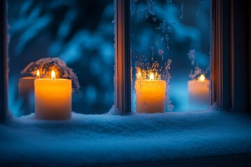 Poster - Three burning candles on a snowy windowsill with a blurry wintery landscape in the background.