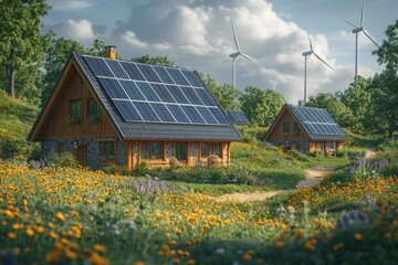 Sticker - Two eco-friendly houses with solar panels on the roof and wind turbines in the background, surrounded by a field of wildflowers and a dirt path.