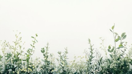 Canvas Print - White Flowers and Green Foliage on a White Background