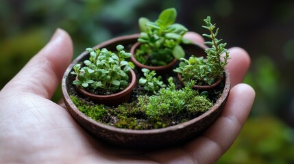 Wall Mural - Miniature Garden in Hand with Various Herbs and Moss