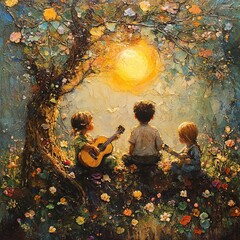 Wall Mural - Three children sit under a tree with a large sun behind them, one plays a guitar.