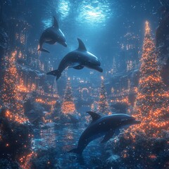 Canvas Print - Three dolphins swim through an underwater city decorated with glowing Christmas trees.