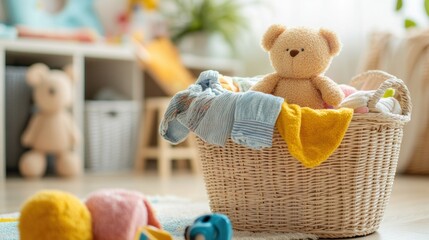 Aufkleber - This laundry basket overflows with vibrant children's clothing and cuddly toys in a sunlit, cheerful room perfect for playtime. Generative AI