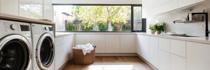 Poster - The laundry room showcases built-in washing and drying machines, white cabinetry, and a basket filled with clean laundry. Generative AI