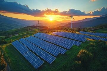 Sticker - Aerial view of a solar panel farm and wind turbines during a beautiful sunset with mountains in the background.