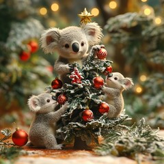 Sticker - Three koalas decorate a Christmas tree with red ornaments, a star, and snow.