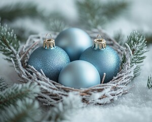 Poster - Three light blue Christmas ornaments nestled in a bird's nest on a bed of snow.