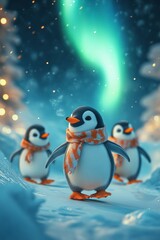 Poster - Three penguins wearing scarves walk in snowy landscape with aurora borealis in the background.