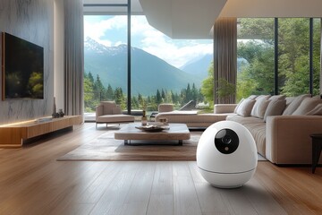 Sticker - A modern living room with a large window overlooking a mountain landscape. A white sphere sits on the wooden floor, in front of a sofa and a coffee table.