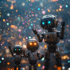 Three robots celebrate with confetti and lights.