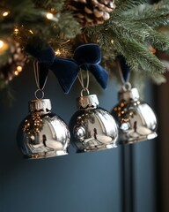 Poster - Three silver Christmas ornaments with blue velvet bows hanging on a Christmas tree.