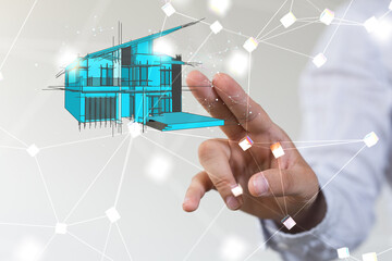 Poster - home iot - Neural network 3D illustration. Big data and cybersecurity