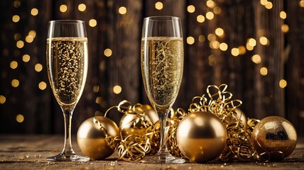 2025 New Year's Eve: Champagne Toasts & Golden Decor on Rustic Wood