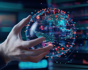 Poster - A futuristic hand holds a glowing globe filled with data, representing global connectivity and advanced technology. Ideal for themes of innovation and analysis.