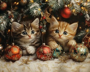 Wall Mural - Two adorable kittens play among Christmas decorations under a festive tree.