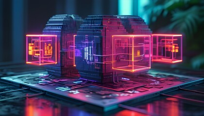 Futuristic neon-lit blockchain network in a hyper-realistic high-tech environment symbolizing the digital future