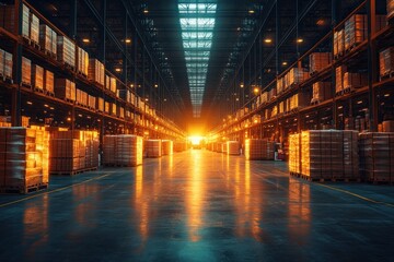 Sticker - A long warehouse aisle with stacked boxes, a bright light shining in the distance.