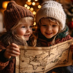 Poster - Two children in winter hats look at a map in front of a Christmas tree.