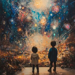 Sticker - Two children stand before a colorful starry sky, gazing at a magnificent celestial display with awe.