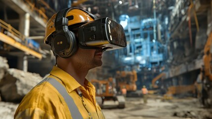 Construction Worker Wearing VR Headset and Hard Hat