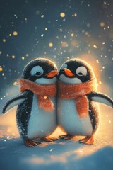 Poster - Two cute penguins cuddling in the snow, wearing a scarf.