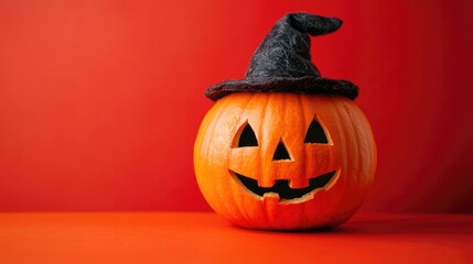 Sticker - Pumpkin decoration with hat on vibrant background