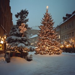 Sticker - Two decorated Christmas trees in a snowy town square at dusk.