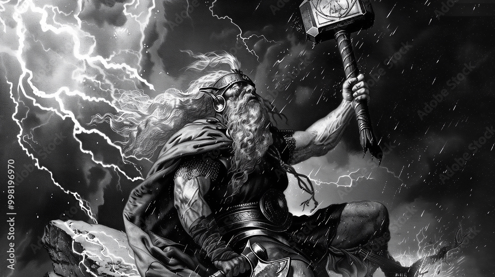 Engraving of the Norse god Thor wielding a magical hammer called(02)