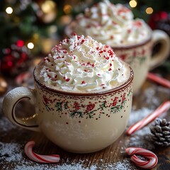 Poster - Two festive mugs of hot cocoa topped with whipped cream and crushed peppermint.