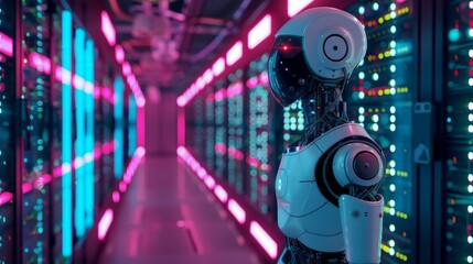 Poster - A robot stands in a room with neon lights and a neon sign that says 