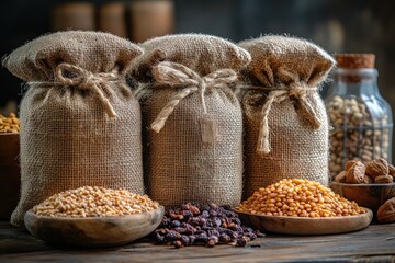 Wall Mural - Three burlap sacks filled with grains, seeds, and dried fruit on a rustic wooden table.