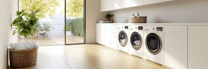 Poster - This functional laundry room combines built-in washing and drying machines with stylish cabinetry and a basket of freshly washed laundry. Generative AI