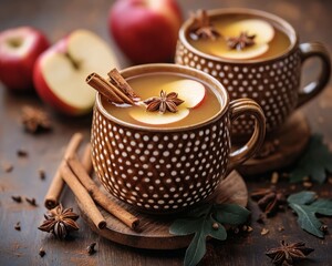 Poster - Two mugs of apple cider with cinnamon sticks, star anise, and apple slices.