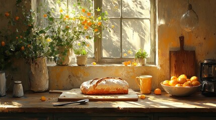 Wall Mural - A rustic kitchen countertop with a loaf of bread, a bowl of oranges, and a mug, bathed in warm sunlight streaming through a window.