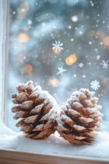 Canvas Print - Two pine cones covered in snow on a windowsill with a snowy and bokeh background.