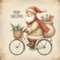 Wall Mural - Santa Claus rides a bicycle with gifts in backpack. Courier in Santa costume on bike delivers christmas gifts.