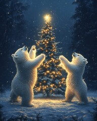 Sticker - Two polar bears joyfully decorating a Christmas tree in a snowy forest.