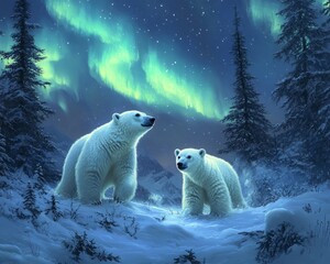 Wall Mural - Two polar bears stand in a snowy landscape under a vibrant aurora borealis.