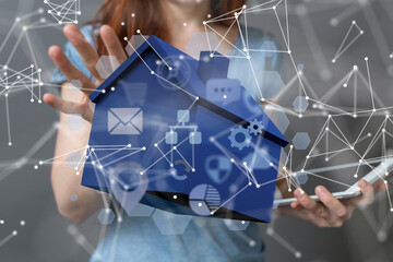 Poster - home iot - Neural network 3D illustration. Big data and cybersecurity