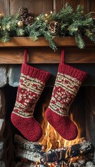 Sticker - Two red and white knitted stockings hanging above a fireplace with a roaring fire.