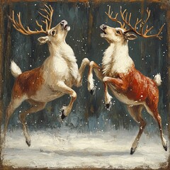 Poster - Two reindeer with antlers are jumping in the snow, with snow falling.