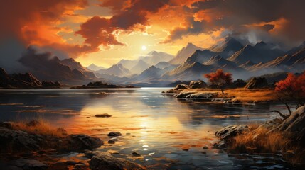 Wall Mural - Sunset Over Mountain Lake